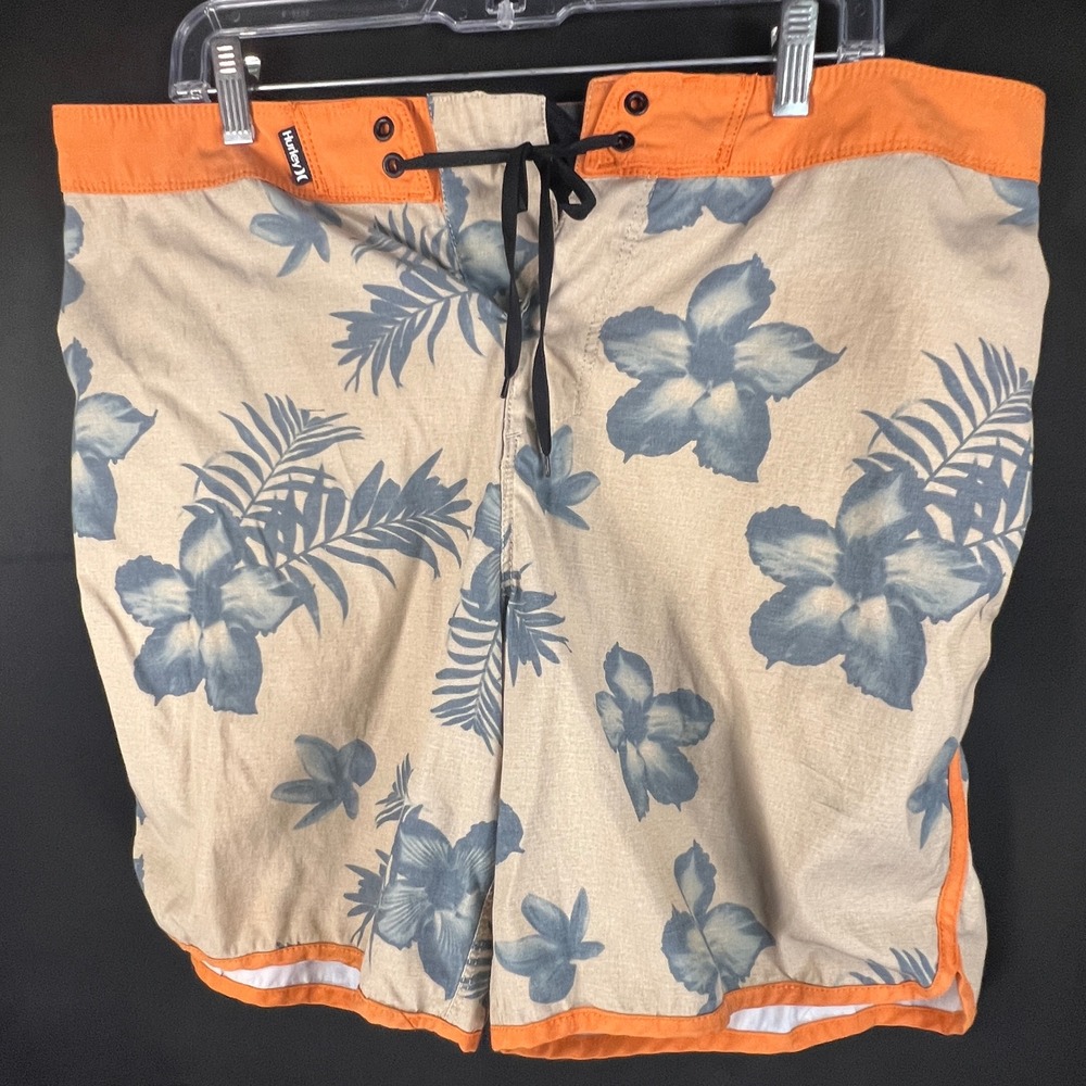 Hurley Mens Board Shorts Tan Orange Blue Floral Tropical Swim Trunks Size 34